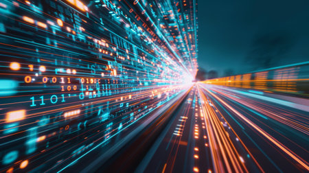Digital data flow on road with motion blur to create vision of fast speed transfer . Concept of future digital transformationの素材