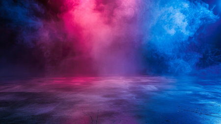 Empty space of Studio dark room with fog or mist and lighting effect red and blue on concrete floor grunge texture background.の素材