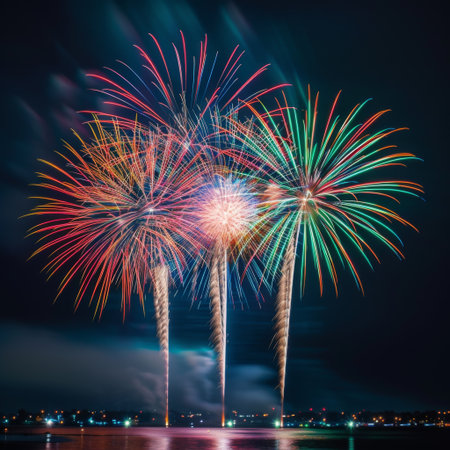Fireworks show under defocus or blur concepts with isolated black background at night, this celebration is for the International Fireworksの素材