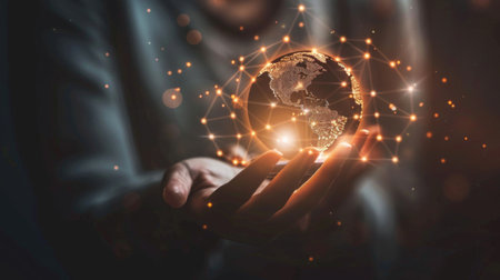 global network concept,Businessman holding global network connection on smart phone strategy and smart intelligenceの素材