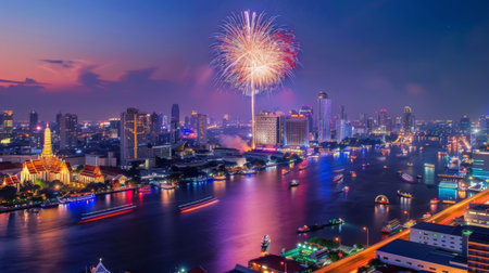 Firework display cityscape of Thai new year in Bangkok city at night, Thailand, Loy Krathong Festivalの素材