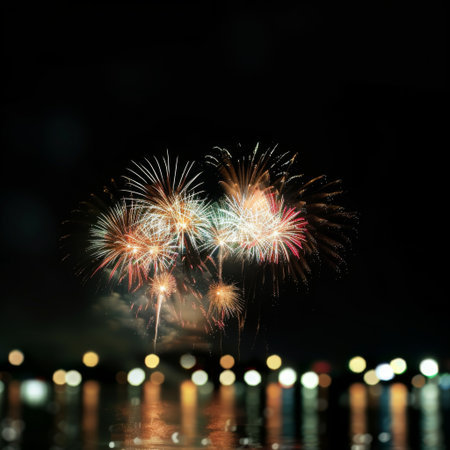 Fireworks show under defocus or blur concepts with isolated black background at night, this celebration is for the International Fireworksの素材