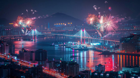 Gwangandaegyo Bridge And fireworks in Busan, South Koreaの素材