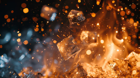 Fire with sparks and ice cubes explosionの素材