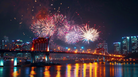 Gwangandaegyo Bridge And fireworks in Busan, South Koreaの素材