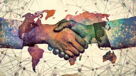 Group of multinational people shaking hands and communication network concept. Wide angle visual for banners or advertisementsの素材