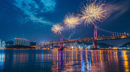 Gwangandaegyo Bridge And fireworks in Busan, South Koreaの素材