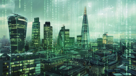 City of London view with with running green code numbers. Financial district skyline covered by digital connectionsの素材