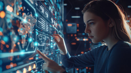 Digital technology, internet network connection, big data, digital marketing IoT internet of things. Woman using modern computer surfing internet futuristic metaverse,の素材