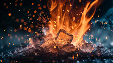 Fire with sparks and ice cubes explosionの素材