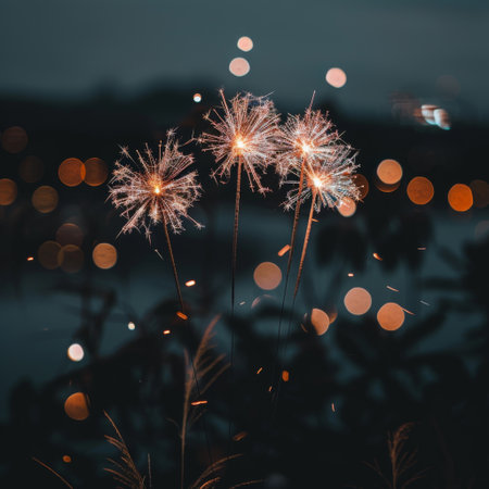 Fireworks show under defocus or blur concepts with isolated black background at night, this celebration is for the International Fireworksの素材