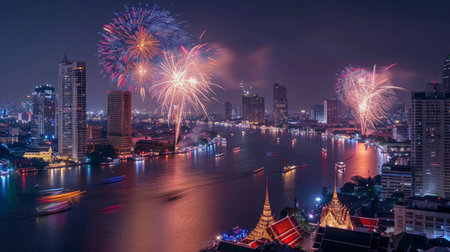 city view and Bangkok with beautiful fireworksの素材