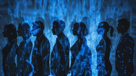 Group of business people outlines with lit background . Mixed mediaの素材