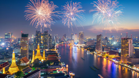 city view and Bangkok with beautiful fireworksの素材