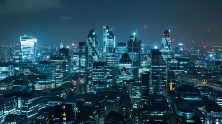 City of London view at night, business network connections concept.の素材