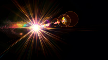 Easy to add lens flare effects for overlay designs or screen blending mode to make high-quality images. Abstract sun burst, digital flare, iridescent glare over black background.の素材