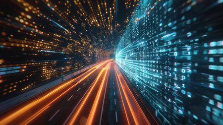Digital data flow on road with motion blur to create vision of fast speed transfer . Concept of future digital transformationの素材