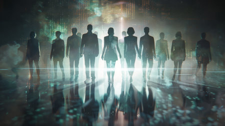 Group of business people outlines with lit background . Mixed mediaの素材