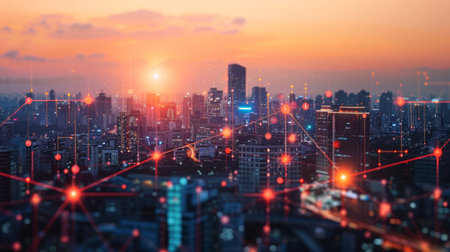 City scape and network icon connection conceptの素材