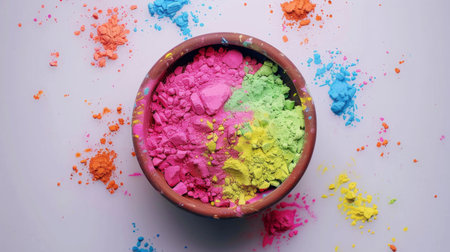 Happy Holi decoration, the indian festival.Top view of colorful holi powder on white background.の素材