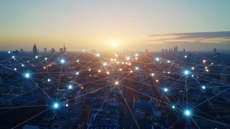 Imaginative visual of smart digital city with globalization abstract graphic showing connection network . Concept of future 5G smart wireless digital city and social media networking systems .の素材