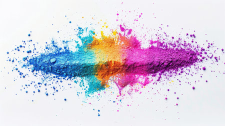 Happy Holi decoration, the indian festival.Top view of colorful holi powder on white background.の素材