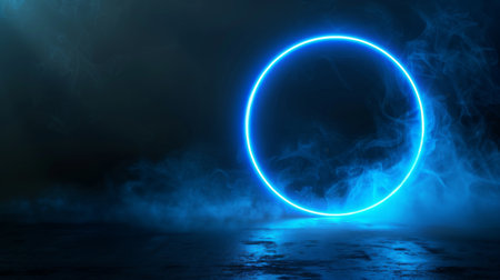 Neon blue color geometric circle on a dark background. Round mystical portal. Mockup for your logo.の素材