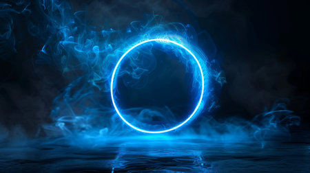 Neon blue color geometric circle on a dark background. Round mystical portal. Mockup for your logo.の素材