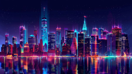 Night city skyline with neon glow. Illustration with architecture, skyscrapers, megapolis, buildings, downtownの素材