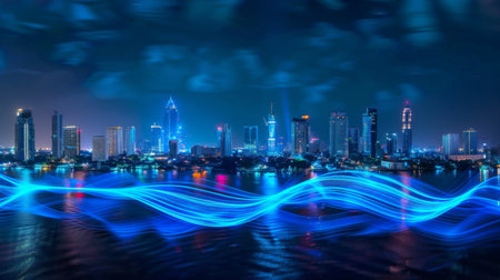 Smart city and big data connection technology concept with digital blue wavy wires with antennas on night megapolis city skyline background,の素材