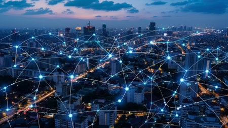 Modern city aerial view and communication network concept. Smart city. 5G. IoT.の素材