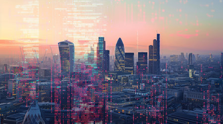 london city skyline with data and computer programming information mapped onto the building facadesの素材