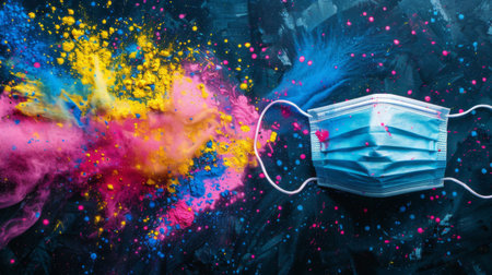 Top view of colorful holi powder with multicolored medical mask holi paint on dark background.の素材