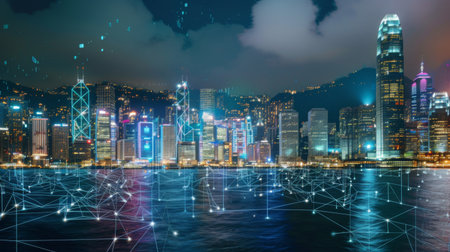 Smart network and Connection technology concept with Hong Kong city background at nightの素材