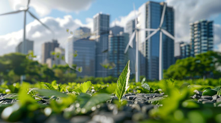 wind turbine farm and green leaf blowin in smart city.renewable energy.sustainable and environmentally friendly.の素材