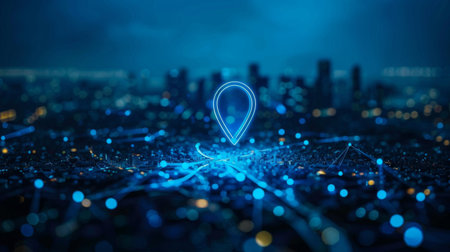 Symbol map pin and network for searching location above city scape with blue tone.の素材