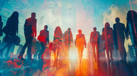 Success of business concept. Positive business. Double exposure of group of multinational businesspeople.の素材