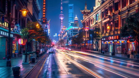 the light trails on the steet in shanghai chinaの素材