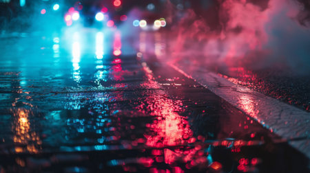 The background of wet asphalt, the reflection of the night lights of the city, neon light, smokeの素材