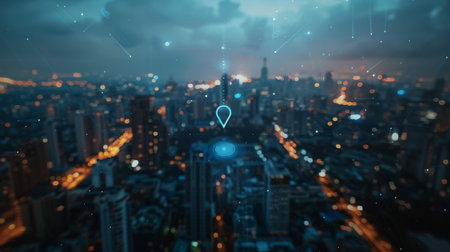 Symbol map pin and network for searching location above city scape with blue tone.の素材