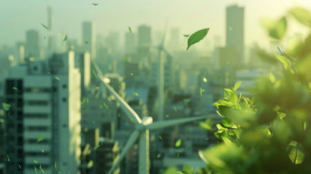wind turbine farm and green leaf blowin in smart city.renewable energy.sustainable and environmentally friendly.の素材