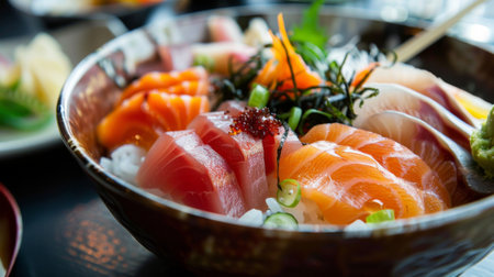 A bowl of chirashi sushi topped with assorted sashimi and wakame seaweed, served over a bed of seasoned sushi rice, a colorful and elegant mealの素材
