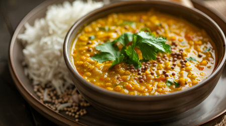 A bowl of fragrant dal tadka, a comforting lentil curry flavored with garlic, cumin, and mustard seeds, served with steamed rice or bread, a classic Indian dishの素材