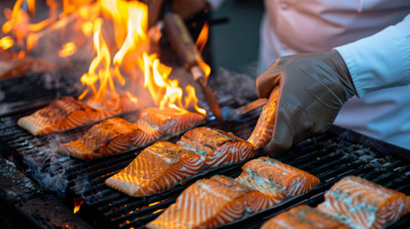 A chef grilling fillets of fresh salmon on a barbecue, the flames licking the fish and infusing it with smoky flavorの素材