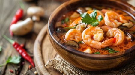 A bowl of tom yum soup served in a rustic wooden bowl, with shrimp, mushrooms, and lemongrass floating in the fragrant and spicy brothの素材