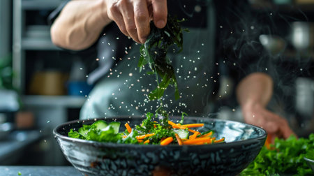 A chef tossing freshly blanched wakame seaweed with sliced cucumber, shredded carrots, and rice vinegar, creating a light and crunchy saladの素材