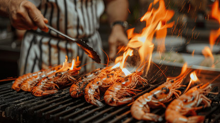 A chef flipping river prawns on a barbecue grill, the flames licking the shells as they cook to perfection, releasing irresistible aromasの素材