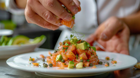 A chef preparing a gourmet dish of salmon tartare, finely diced and seasoned raw salmon served with avocado, capers, and crostiniの素材
