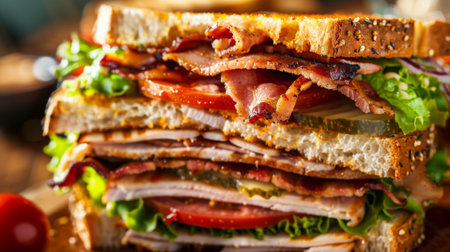 A close-up of a club sandwich stacked high with layers of turkey, bacon, lettuce, tomato, and mayo between toasted bread slices, a classic diner favoriteの素材