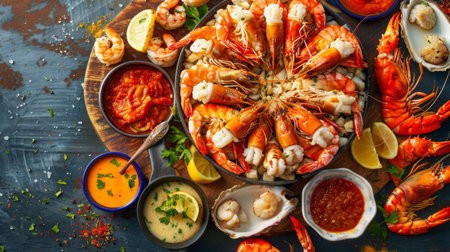 A colorful seafood feast featuring grilled river prawns, crab claws, and scallops, served with a variety of dipping sauces and lemon wedgesの素材